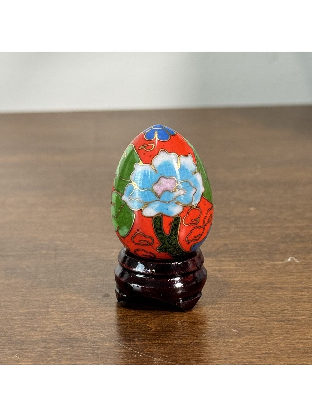 Vintage Chinese Cloisonne Egg Figurine Red Floral Motif with Wood Stand
